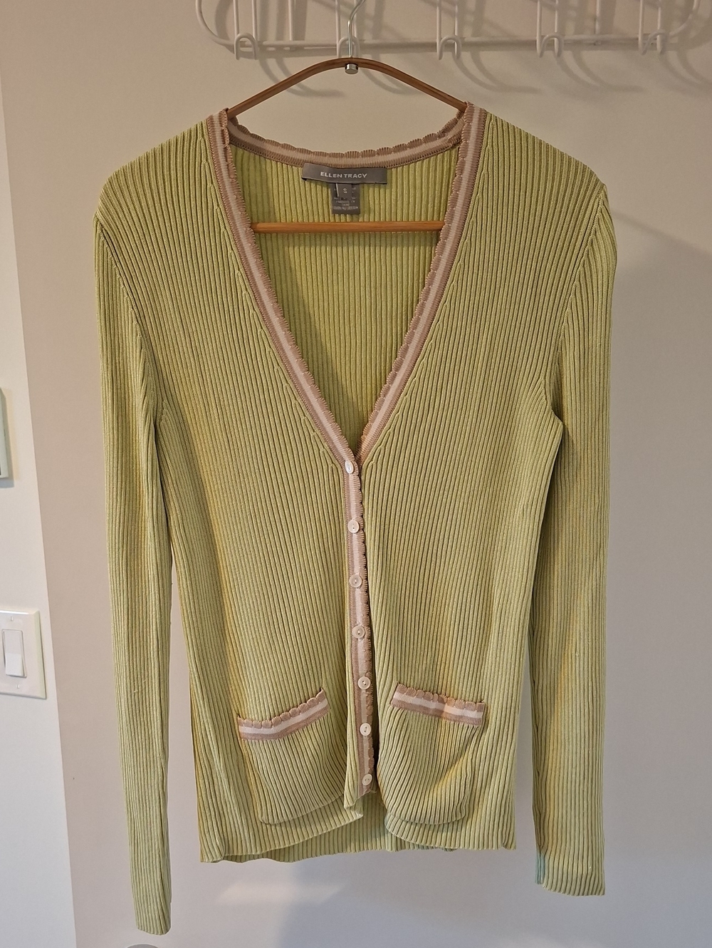 Pistacho Green Silk-blend Striped & Scallop/Ruffle-trimmed Cardigan (Size S)